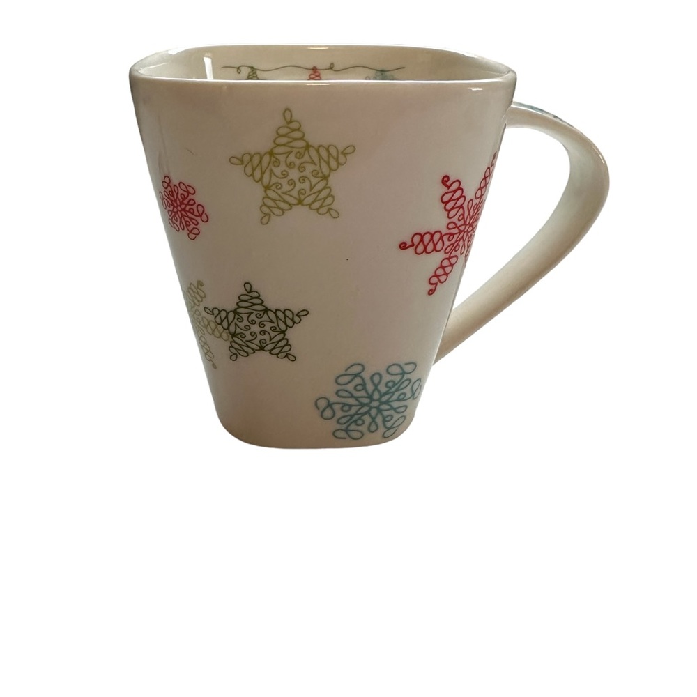 2005 Starbucks Coffee White Mug Christmas Holiday Snowflake Stars Blue Green Red
